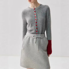Crew Neck Contrast Cuff Button-Up Cardigan