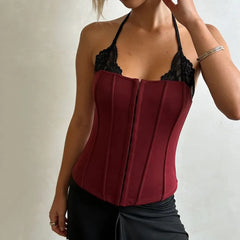 Halter Neck Lace Panel Corset Camisole Top