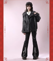Mid Rise Buckled Lace-Up Flared Pants