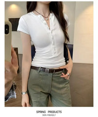 Short-Sleeve Henley Neck Plain T-Shirt