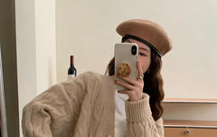Long Sleeve V-Neck Plain Cable Knit Cardigan