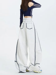 Low Rise Contrast Trim Wide Leg Barrel Jeans (Various Designs)