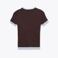 Short Sleeve Color-Block Ruffled-Trim Button-Up Slim-Fit Knit Top