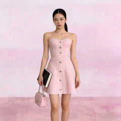 Set: Strapless Button Detail Mini A-Line Knit Dress + Button-Up Cardigan