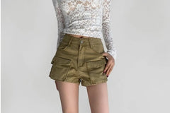 Mid Rise Washed Denim Cargo Shorts