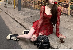 Bell Sleeve Square Neck Panel Lace Overlay Mini A-Line Dress