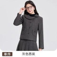 Asymmetrical Collar Plain Jacket / Midi A-Line Pleated Skirt / Set