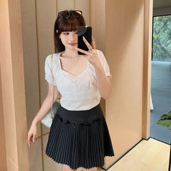 Puff Sleeve Square-Neck Plain Ruffled-Trim Blouse