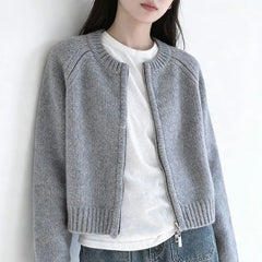 Round Neck Plain Zip Cardigan
