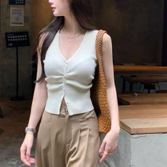 V-Neck Plain Ribbed Knit Tank Top