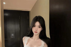 V-Neck Lace Crop Corset Top / High Waist Plain Bubble Hem Mini A-Line Skort