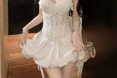 V-Neck Lace Crop Corset Top / High Waist Plain Bubble Hem Mini A-Line Skort