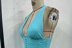 Halter Neck Deep Plunge Plain Grommet Open Back Crop Corset Top