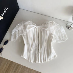 Short-Sleeve Off Shoulder Plain Lace Panel Bustier Top
