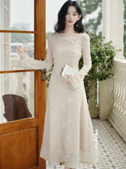 Long-Sleeve Round Neck Plain Lace Maxi A-Line Dress