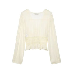 Long-Sleeve V-Neck Lace Panel Button-Up Sheer Crop Blouse