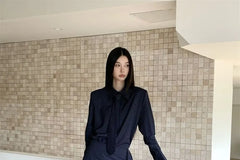 Long Sleeve Collared Pinstriped Shirt / Necktie / Low Rise High-Low Mini Pencil Skirt / Set