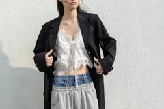 Elastic Waist Denim Panel Loose-Fit Wide-Leg Sweatpants