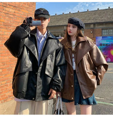 Couple Matching Collared Plain Panel Faux Leather Button Jacket