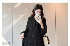 Maternity Long-Sleeve Tie-Neck Polka Dot Loose Fit Midi Dress