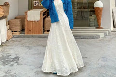 Spaghetti Strap Tie Front Lace Maxi A-Line Dress / Crew Neck Button-Up Plain Cable Knit Cardigan