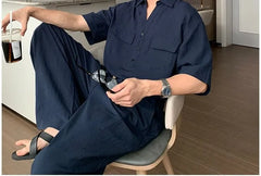 Short-Sleeve Half Buttoned Linen Overhead Shirt / Wide Leg Pants / Set