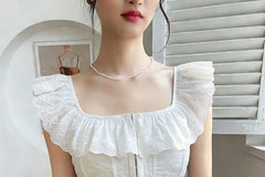 Cap-Sleeve Square Neck Ruffle Trim Hook And Eye Eyelet Lace Crop Corset Top