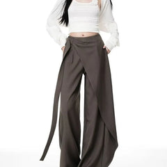 Mid Rise Plain Asymmetrical Wide Leg Dress Pants