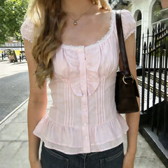 Puff Sleeve Scoop Neck Lace-Trim Ruffled Slim-Fit Blouse