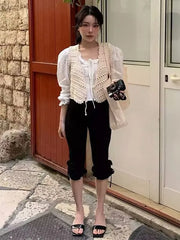 Mid Rise Plain Ruffle Drawstring Skinny Pedal Pusher Pants