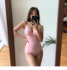 Spaghetti Strap V-Neck Plain Swimsuit