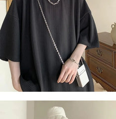 Elbow-Sleeve Crew Neck Plain Ribbed Oversized T-Shirt