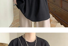 Elbow-Sleeve Crew Neck Plain Ribbed Oversized T-Shirt