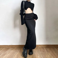 High Waist Plain Slit Maxi Pencil Skirt