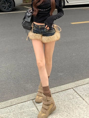Mid Rise Washed Denim Fluffy Shorts