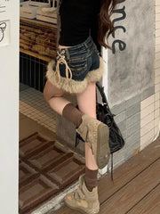 Mid Rise Washed Denim Fluffy Shorts
