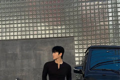 Long-Sleeve Plain Henley Collar Tee