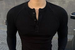 Long-Sleeve Plain Henley Collar Tee