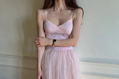 Spaghetti Strap V-Neck Lace Trim Chiffon Panel Long Dress