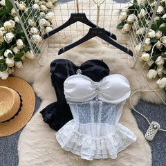 Detachable Strap Plain Rhinestone Peplum Panel Mesh Bustier Top