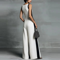 Sleeveless Deep Plunge Two Tone Wide Leg Jumpsuit