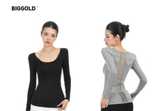Long-Sleeve Scoop Neck Lace Panel Slim Fit T-Shirt