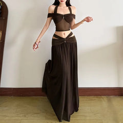 Halter Neck Off-Shoulder Plain Sheer Panel Crop Top / Low Rise Cutout Maxi A-Line Skirt