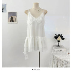 Spaghetti Strap V-Neck Plain Ruffle Asymmetrical Lace Mini A-Line Dress