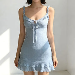 Spaghetti Strap V-Neck Plain Ruffle Trim Tie Waist Mini Bodycon Dress