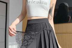 High Waist Plain Pleated Skirt Overlay Panel Lace Wide Leg Pants