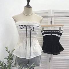 Strapless Lace Trim Flowy Tube Top