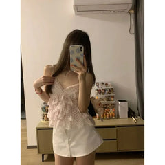 V-Neck Micro Dot Lace Trim Tiered Ruffle Crop Camisole Top