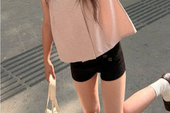 Short-Sleeve Square Neck Double Breasted Plaid Crop Blouse