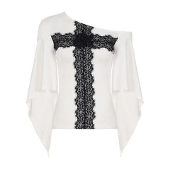 Elbow Sleeve Cold Shoulder Lace Panel Slim-Fit T-Shirt